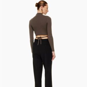 Aritzia Sculpt Knit Tie-Back Rib-knit mock-neck long sleeve -Medium -Deep Taupe